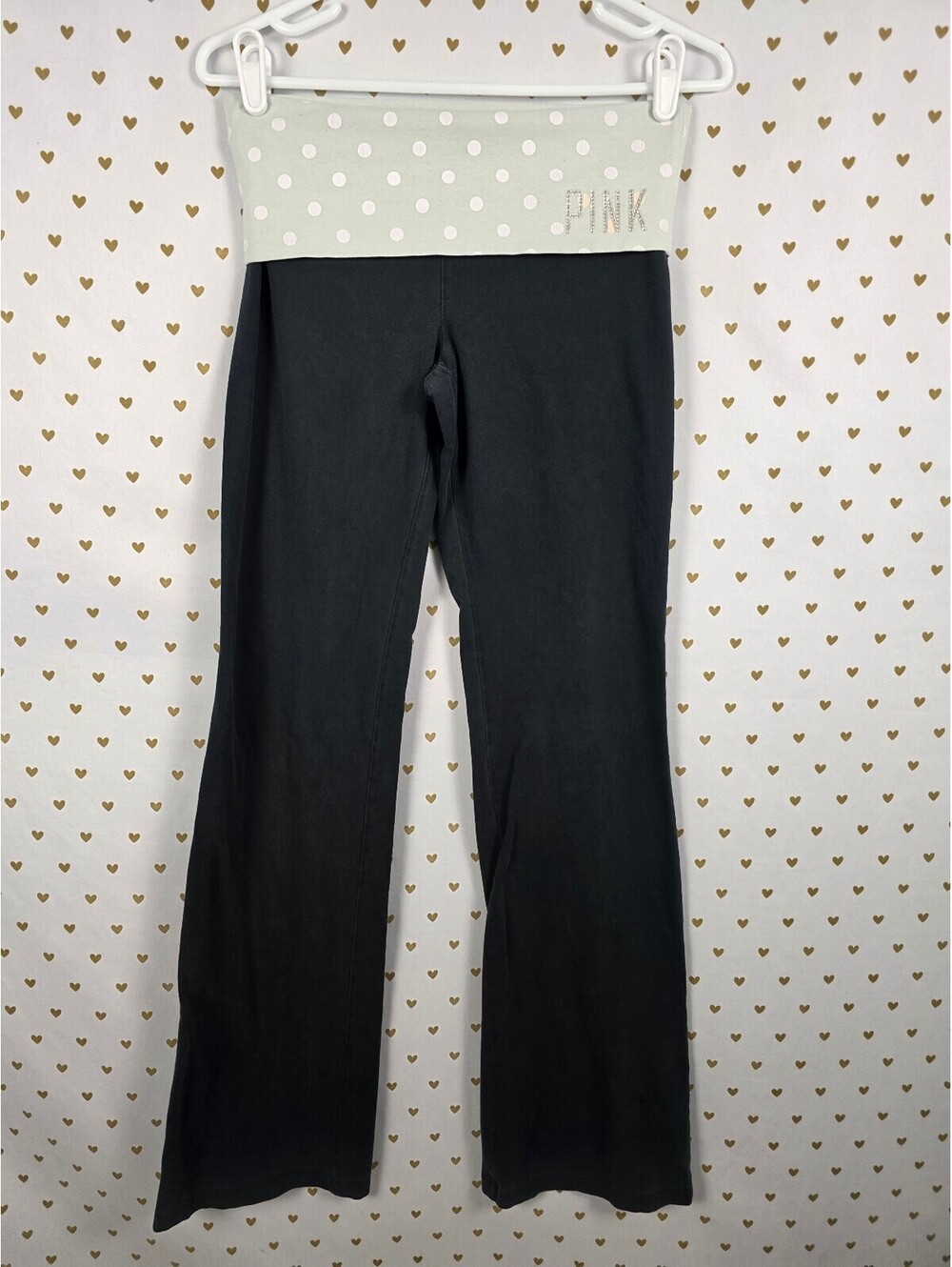 Victorias Secret PINK Vintage POLKA DOT Bling Foldover Yoga Pants Flared SMALL
